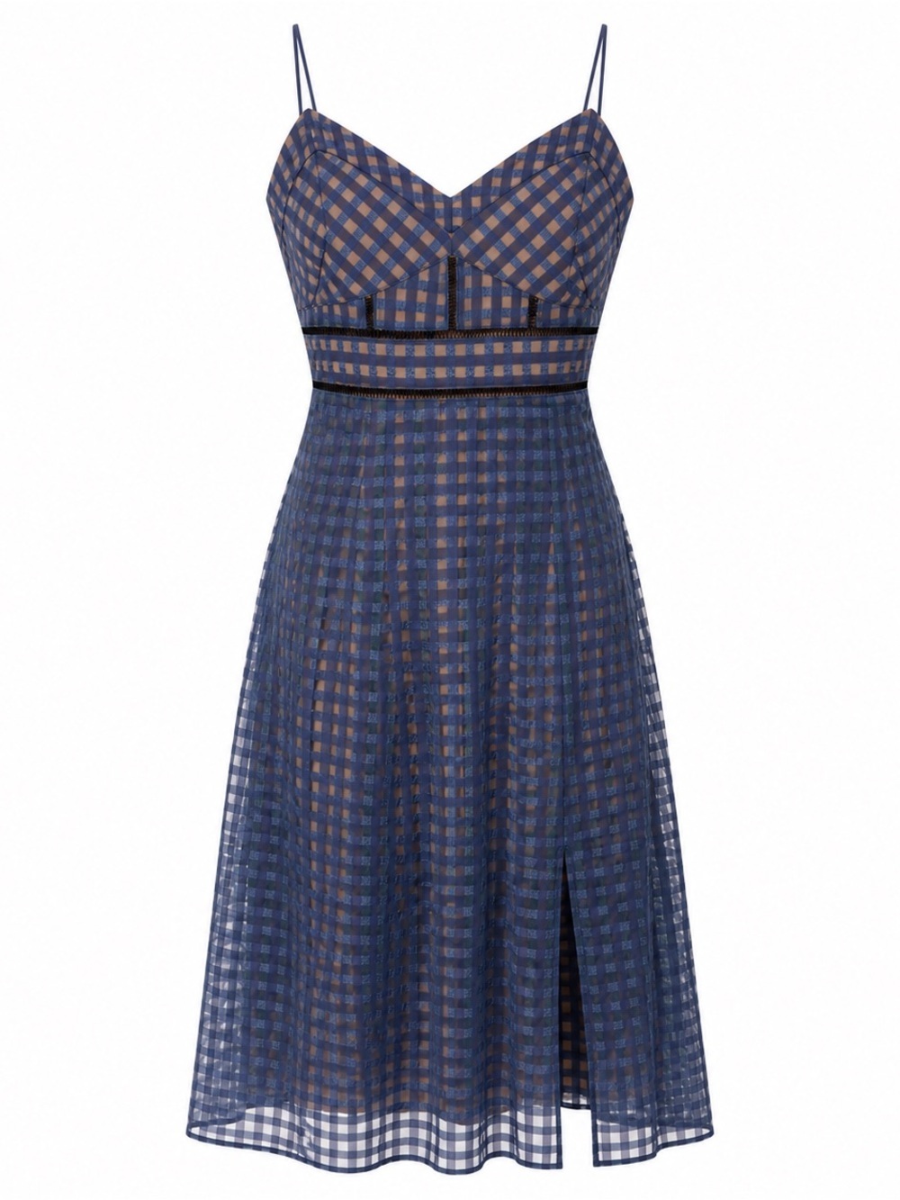 Roselani Navy Blue Tan Gingham Plaid Ladder Lace Cutout Midi Dress Size S‎ Boho